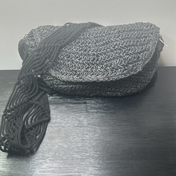 Primark Black Raffia Macrame Shoulder Strap Crossbody Bohemian Bag NWT - Picture 3 of 16